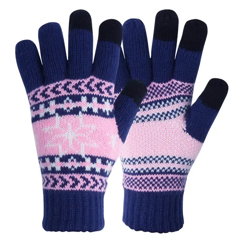 Blue Double Layer Acrylic Jacquard Gloves with Touch Screen Finger.webp